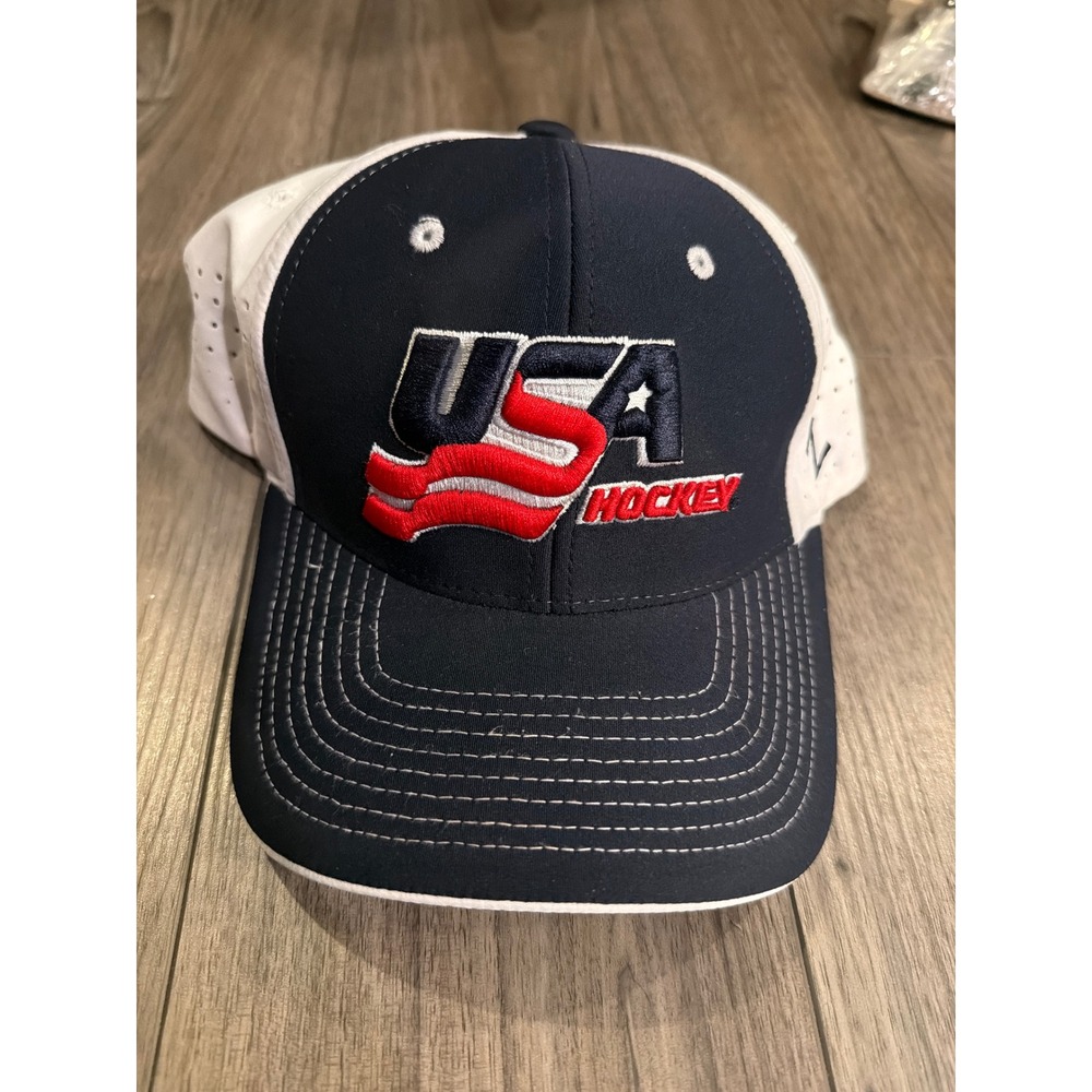 USA Hockey Zephyr‎ Snapback Hat Navy White Perforated Adjustable Baseball Cap